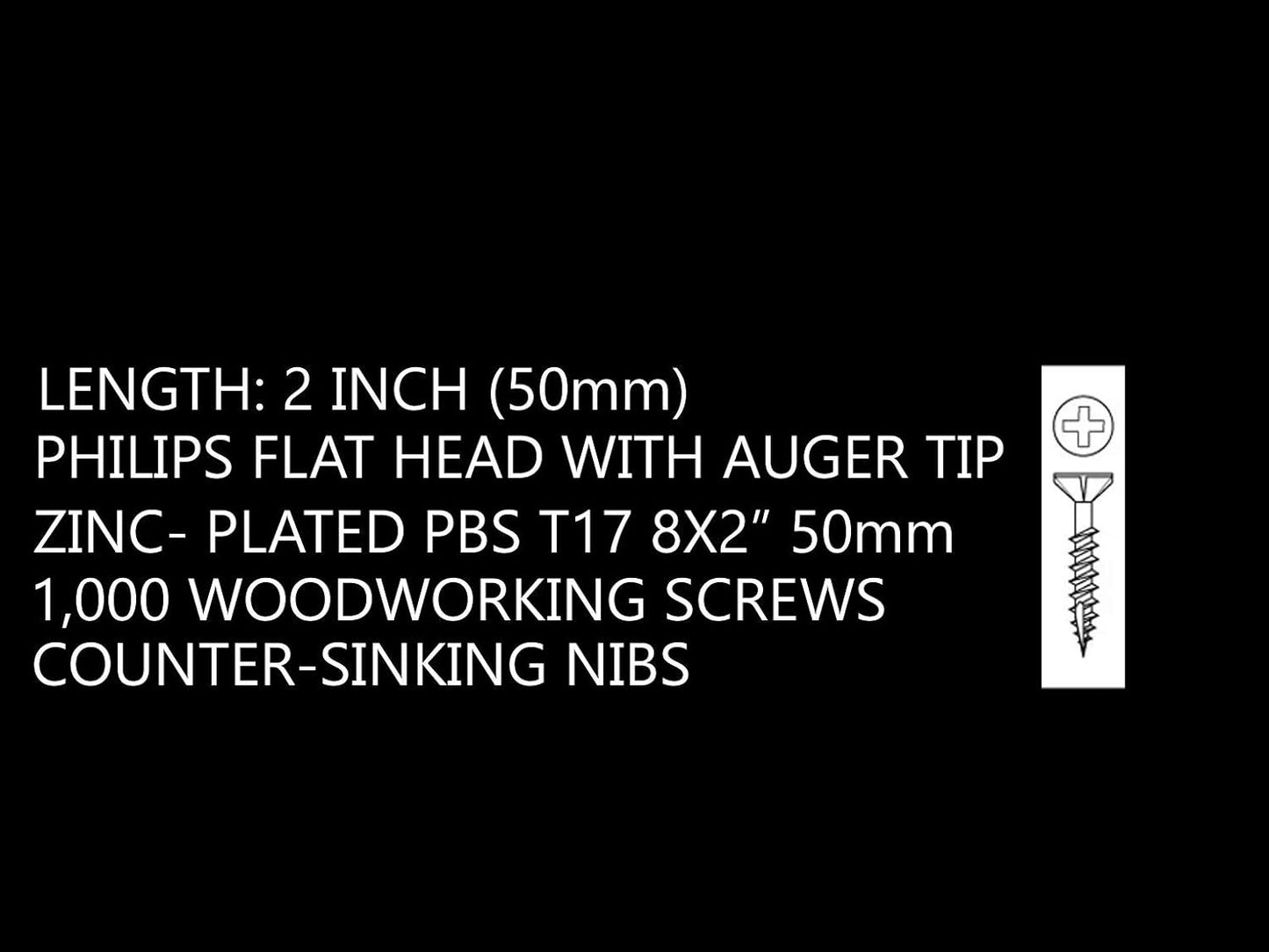 (1,000 Screws) #8 2" Screws 8x2 inch 50mm Woodworking Screws #2 Philips Flat Head Wood Screws Auger Point Deep Thread Countersinking Nibs Zinc Plated PBS T17 Cabinets + Interior