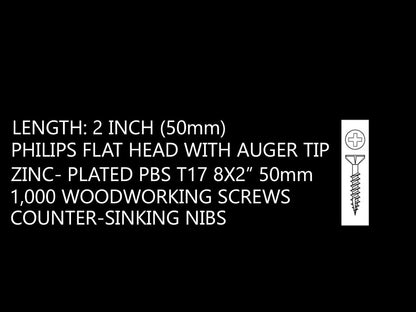 (1,000 Screws) #8 2" Screws 8x2 inch 50mm Woodworking Screws #2 Philips Flat Head Wood Screws Auger Point Deep Thread Countersinking Nibs Zinc Plated PBS T17 Cabinets + Interior