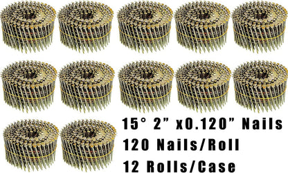 15° 15 Degree 2" Inch x 0.120" (11 Gauge) Smooth Shank Galvanized Coil Roofing Nails